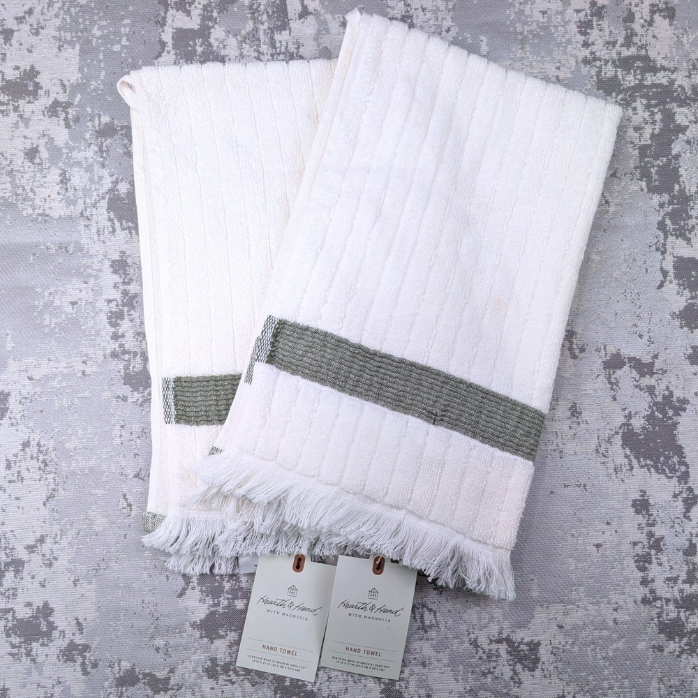 Hearth & Hand with Magnolia Set of 2 Hand Towels Cream Olive Green Stripe NWT